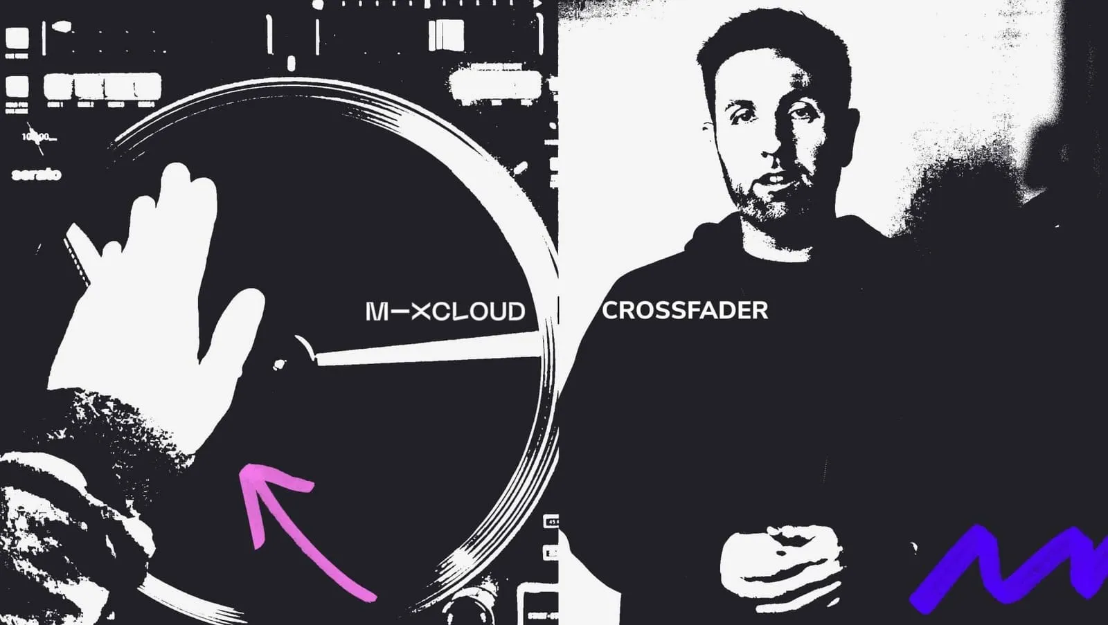 Split black and white image of a hand scratching a record beside a portrait labeled Crossfader