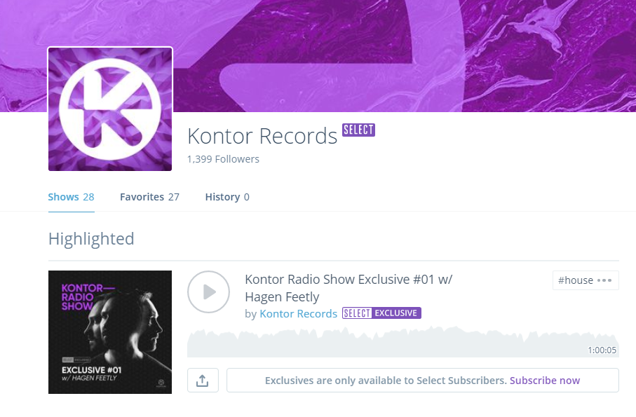 Kontor Records' Creator Subscriptions page
