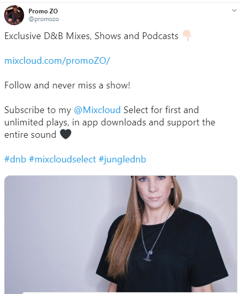 Drum & bass DJ Promo Zo tweets consistently about her presence