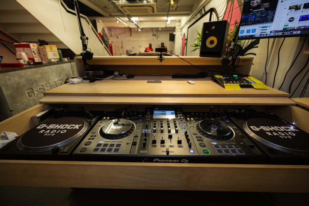 G-SHOCK Radio's tech set-up, downstairs in the G-SHOCK store in London