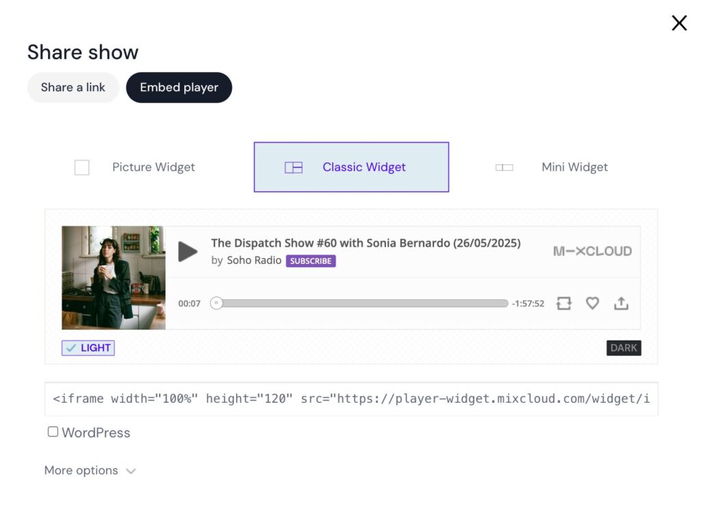 The selection of Mixcloud embeds you can choose